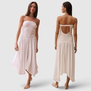 Anthropologie 70s Smocked Strapless Swimsuit Cover Up Boho Beach Dress Sz XL NWT